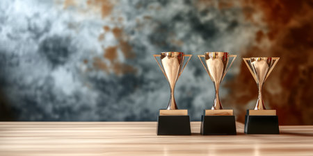 Golden Trophies and Awards on a Celebration Podium for Achievements and Success in Competitionsの素材
