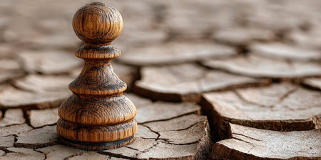 Wooden Chess Piece on Dry, Cracked Soil Symbolizing Strategy, Resource Scarcity, and Desiccationの素材
