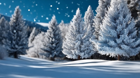 Serene Winter Wonderland Snow-Covered Evergreen Trees in a Picturesque Snowy Forest Sceneの素材