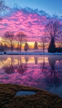 Tranquil Winter Dawn A Serene Misty Lake Reflecting Golden Sunlight Through Bare Treesの素材