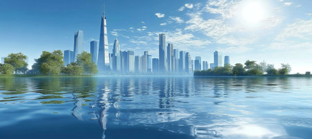 Stunning Lake View of Urban Skyline at Sunset, Reflecting Majestic Structures and Vibrant Colorsの素材