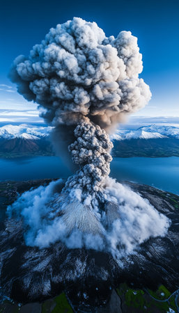 Stunning Volcanic Eruption with Ash Cloud Billowing Against a Bright Blue Sky in Aerial Viewの素材