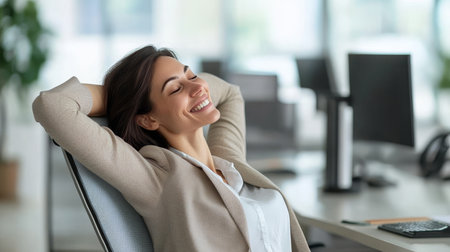 Smiling businesswoman relaxing in ergonomic chair after completing a successful project at work.の素材