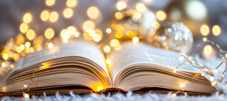 Magical Christmas Storybook with Golden Lights and Festive Decorations for Holiday Cheerの素材