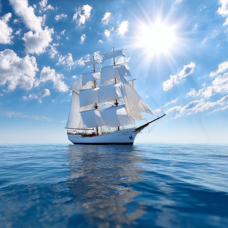 Majestic Tall Ship Silhouetted on Azure Ocean Under Radiant Summer Sun, Perfect Sailing Adventureの素材