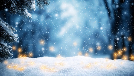 Serene snowy landscape with glistening star lights and a frosty winter celebration theme designの素材