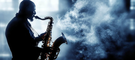 Jazz Musician Playing Saxophone Live on Stage, Creating Soulful Melodies in a Retro Atmosphereの素材