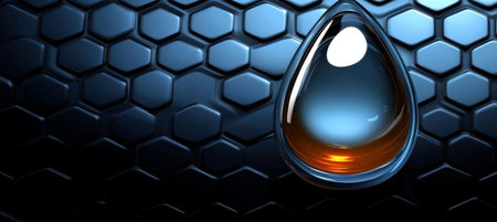 Techy Dark Hexagonal Surface Pattern Featuring Large Glossy Water Blue Oil Droplet Design Elementsの素材