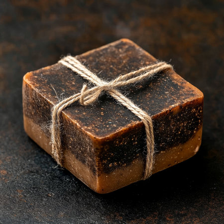 Handcrafted Dark Brown Organic Soap Bar with Woven Jute String for Natural Skin Cleansing Ritualsの素材