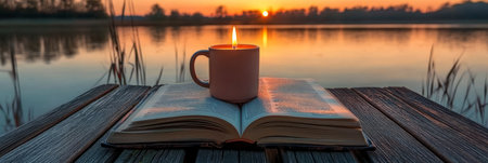 Tranquil Sunset Over a Serene River, Romantic Still Life with Books and Flowers by the Waterの素材
