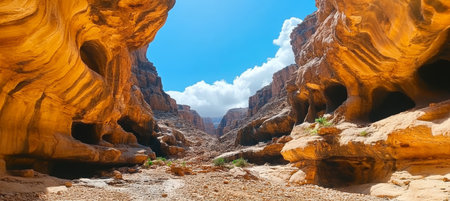 Breathtaking View of Desert Gorge with Massive Rocky Cliffs and Majestic Canyon Landscape Sceneryの素材