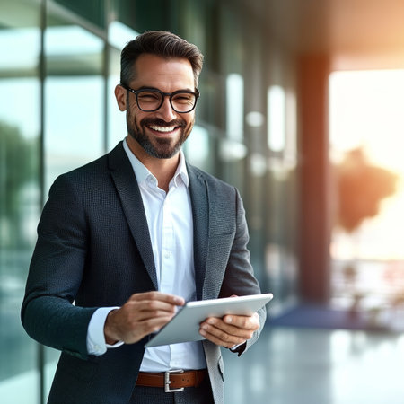 Confident Businessman Using Digital Tablet and Laptop in Modern Office with Optimistic Attitudeの素材