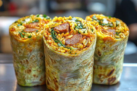 Delicious and Flavorful Burritos Filled with Rice, Beans, and Fresh Vegetables Ready to Serveの素材