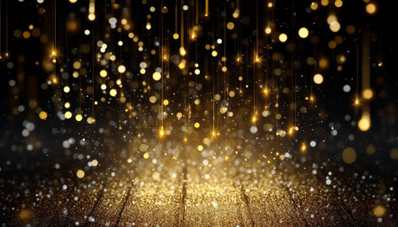Golden elegance with blurred spotlights illuminating a festive stage for glamorous celebrations.の素材
