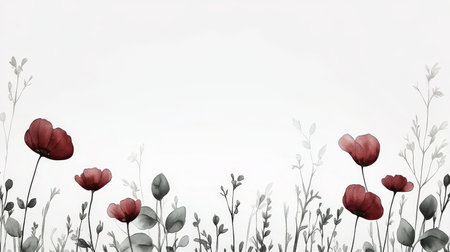 Delicate meadow adorned with dusty rose watercolor flowers, a soft springtime pastoral beauty scene.の素材
