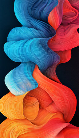 Dynamic Abstract Waves of Color Intertwined, Cool and Warm Hues Flowing on a Dark Backgroundの素材