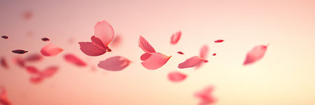 Soft Focus Rose Petals Gently Falling on a Gradient Background in a Minimal Style Displayの素材