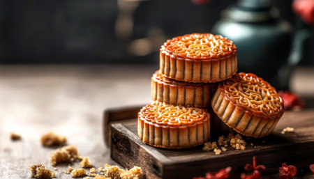 Delicious mooncakes with golden crusts and intricate designs of traditional Asian pastry art.の素材