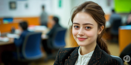 Confident businesswoman in a bright office setting, smiling and exuding professionalism and charismaの素材