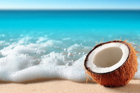 Halved coconut on sandy beach with calm ocean breeze, inviting tranquility and relaxation in natureの素材