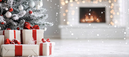 Cozy Christmas Morning Scene with Presents Under a Snow-Flocked Tree and Minimalist Fireplace Decorの素材