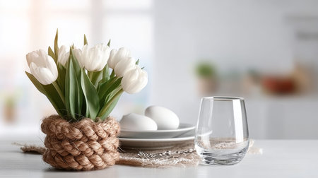 Elegant Easter Table Setting Featuring Vibrant Tulips and White Eggs for a Serene Spring Atmosphereの素材