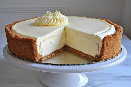 Delicious Homemade New York Cheesecake on Elegant Cake Stand with Graham Cracker Crust and Toppingsの素材