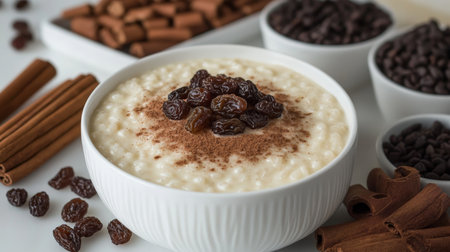 Creamy Rice Pudding with Cinnamon, Raisins, and a Touch of Sweetness, Perfect for Dessert Loversの素材