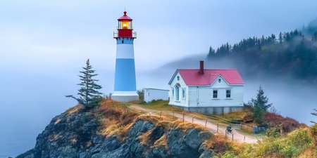 Majestic Coastal Lighthouse Standing Tall Amidst Foggy Trees at Sunrise, Creating Serene Atmosphereの素材
