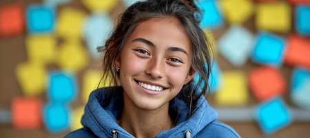 Joyful Asian Teen Girl Smiling in Classroom Environment, Embracing Education and Happinessの素材