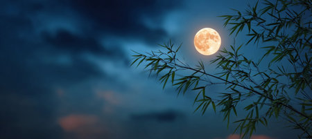 Serene Lunar Night Bamboo Silhouette Against a Cloudy Evening Sky with Full Moon s Mystic Auraの素材