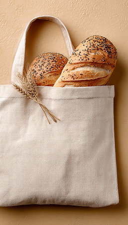 Reusable Bread Bag Top View with Wheat Stalk Design, Unbleached Canvas Tote for Fresh Baked Goodsの素材