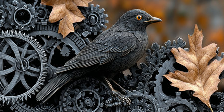 Steampunk Bird Figure on Gears Surrounded by Autumn Leaves and Clockwork Elements in Fantasy Sceneの素材