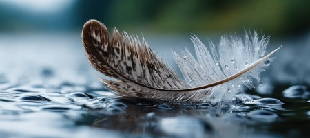 Delicate Feather Resting Lightly on Rippling Water Surface, Symbolizing Serenity and Natural Beautyの素材