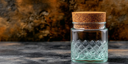 Elegant Glass Storage Pot with Cork Lid Set on Textured Background, Perfect for Minimalist Decorの素材