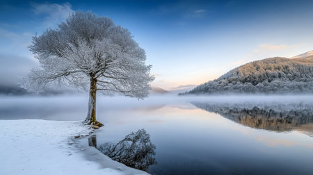 Majestic Tranquility Frosty Tree on Serene Lake in Winter s Breathtaking Beauty and Stillnessの素材