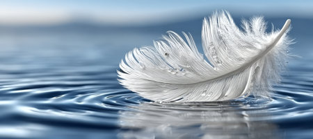 A Tranquil Beauty Fluffy White Feather Floating on Water, Embodying Pure Serenity and Calmnessの素材