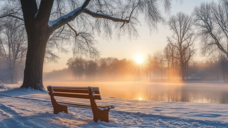 Serene Winter Morning Snow-Covered Benches by the Lake Under a Pastel Sunrise, Calmness Awaitsの素材