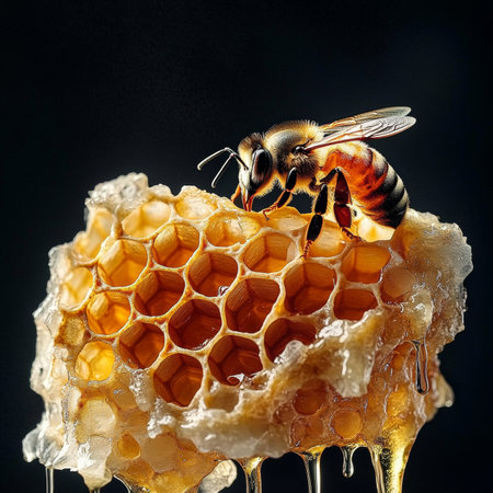 Close-up of a Busy Bee on Honeycomb Gathering Nectar with Dripping Honey for Healthy Eatingの素材