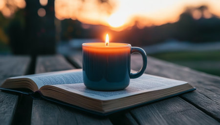 Cozy Evening Aesthetic Candlelit Mug on Open Book at Dusk, Embracing Calm and Relaxation Momentsの素材