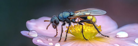 Incredible Extreme Closeup of a Hoverfly Resting on a Flower Petal with Morning Dew Dropsの素材