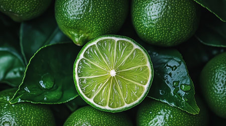 Vibrant Freshness of Juicy Limes, Uncut and Sliced Surrounded by Lush Green Leaves in Studio Lightの素材