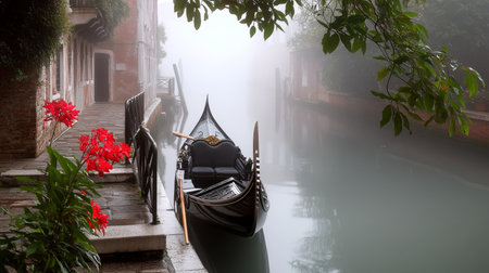 Enchanting Venice Morning Foggy Canals, Serene Gondola Ride, and Vibrant Red Flowers in Viewの素材