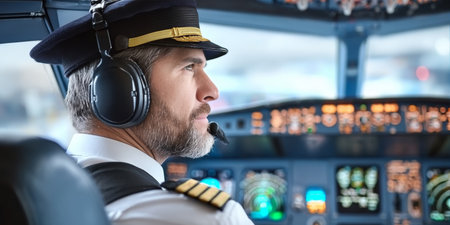 Calm Male Airline Captain in Airplane Cockpit During Flight Journey, Professional Atmosphereの素材