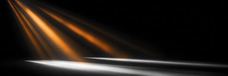 Dramatic Orange Light Rays Streaming Through Darkness, Creating an Enigmatic Stage-Like Atmosphereの素材