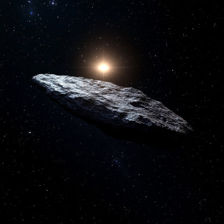 A Dark Asteroid Drifting Through the Depths of Space Against a Distant Bright Shining Starの素材