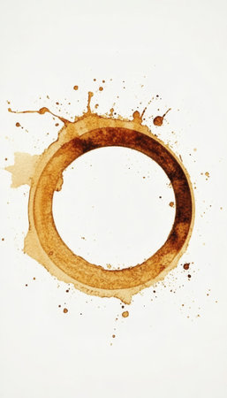 Artistic Coffee Ring Stain on White Surface, Rustic Circular Pattern from Mug Splatter and Dripsの素材