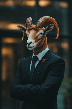 Stylish Anthropomorphic Ram in a Dark Business Suit and Formal Tie, Merging Human and Animal Traitsの素材