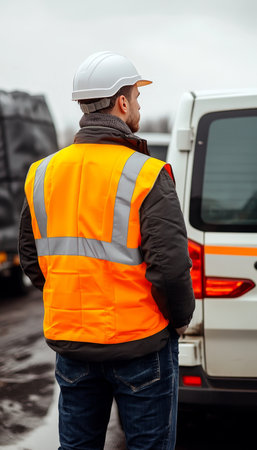 Engineer in Hardhat and Hi-Vis Vest Standing Near Automotive Factory Van for Service Duty Outdoorsの素材