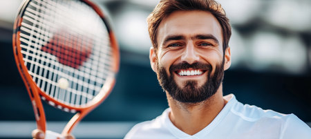 Fit Tennis Player Celebrating with Perfect Smile After Winning a Game, Enjoying Outdoor Recreationの素材